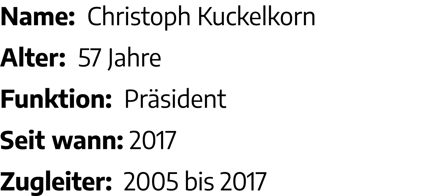 Name: Christoph Kuckelkorn Alter: 57 Jahre Funktion: Präsident Seit wann: 2017 Zugleiter: 2005 bis 2017